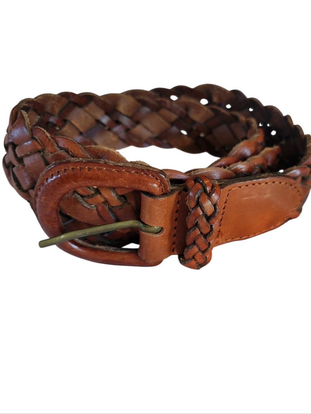 Vintage Lands End Cognac Brown Womens Leather Braided Belt